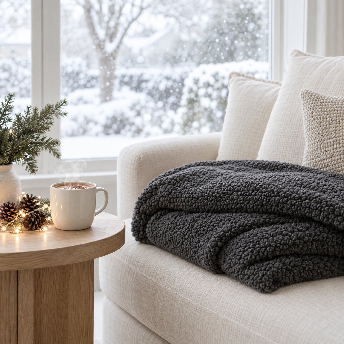 Winter at Hot Cart: sherpa throw, cocoa and snow outside