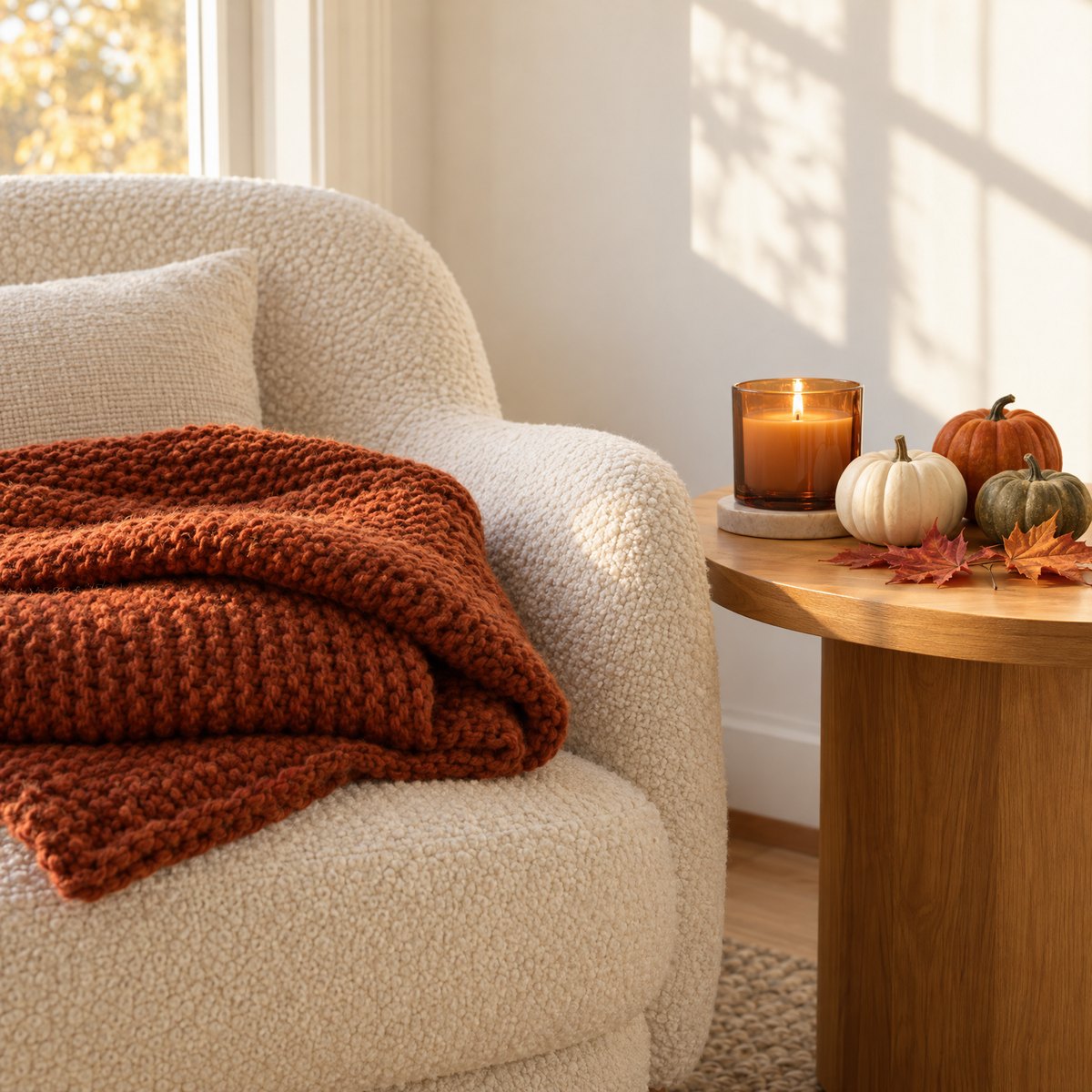 Seasonal: cozy fall throw, candle and pumpkins