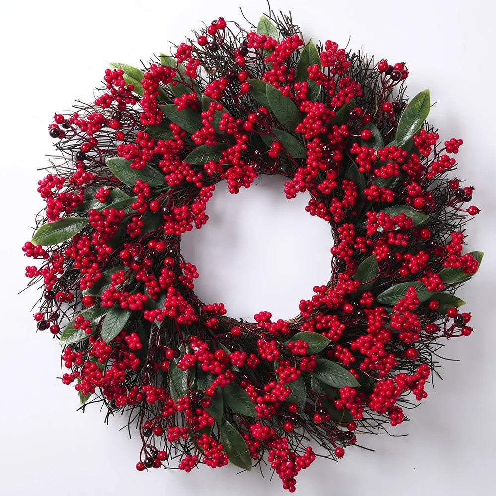 Cypress and Red Berry Front Door Wreath, 18 Inch