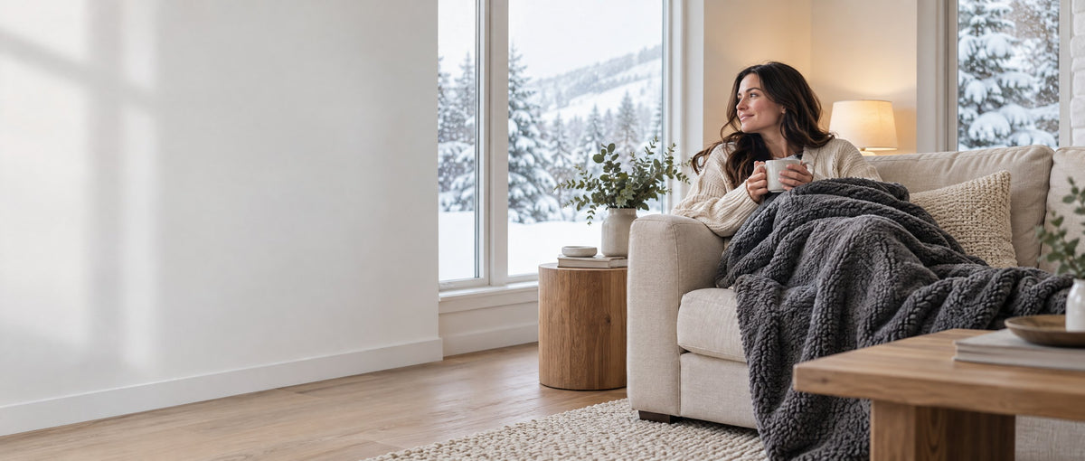 Woman relaxing under a plush blanket on a snowy day
