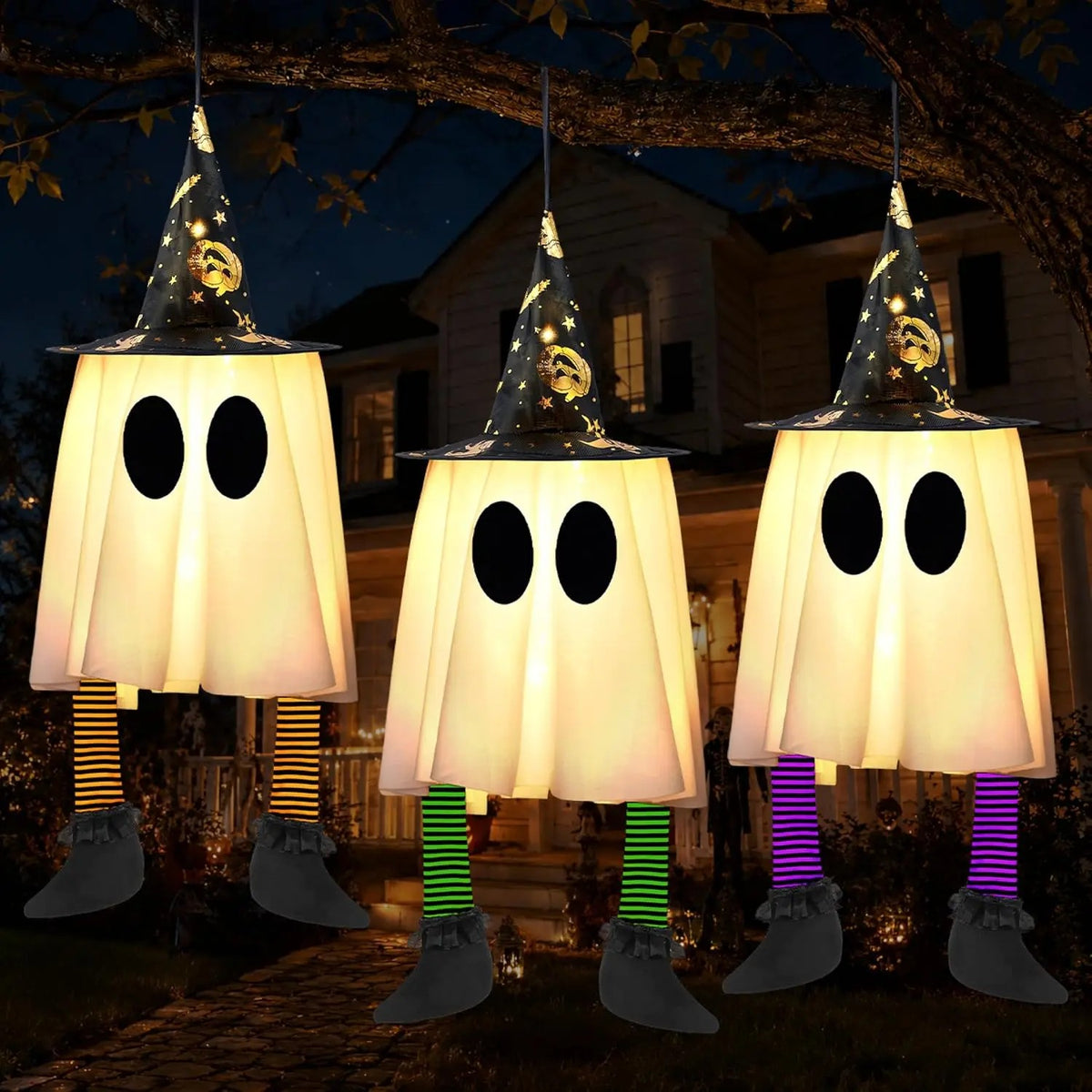 Light-Up Hanging Ghosts with Witch Hats, 3-Pack