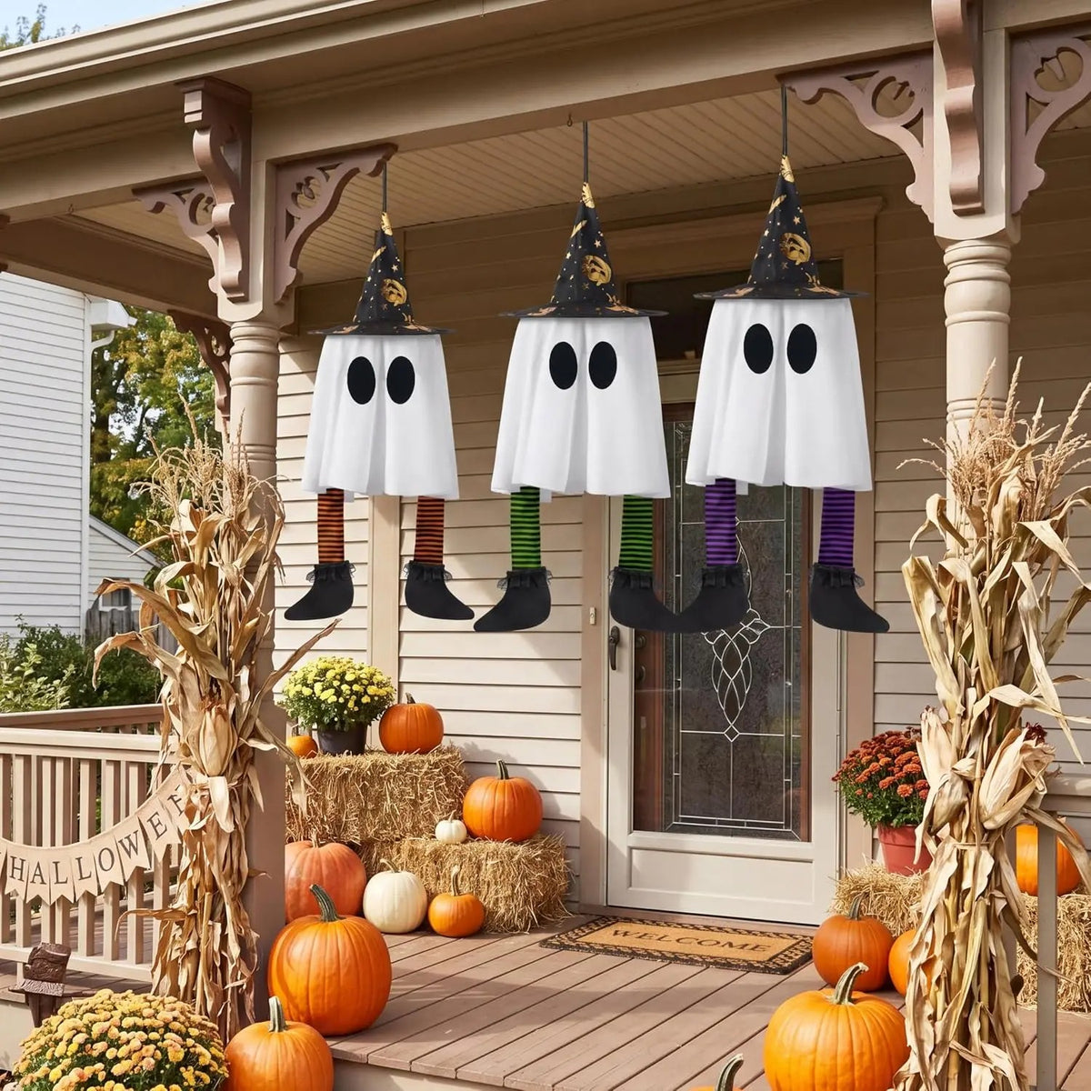 Light-Up Hanging Ghosts with Witch Hats, 3-Pack - view 2
