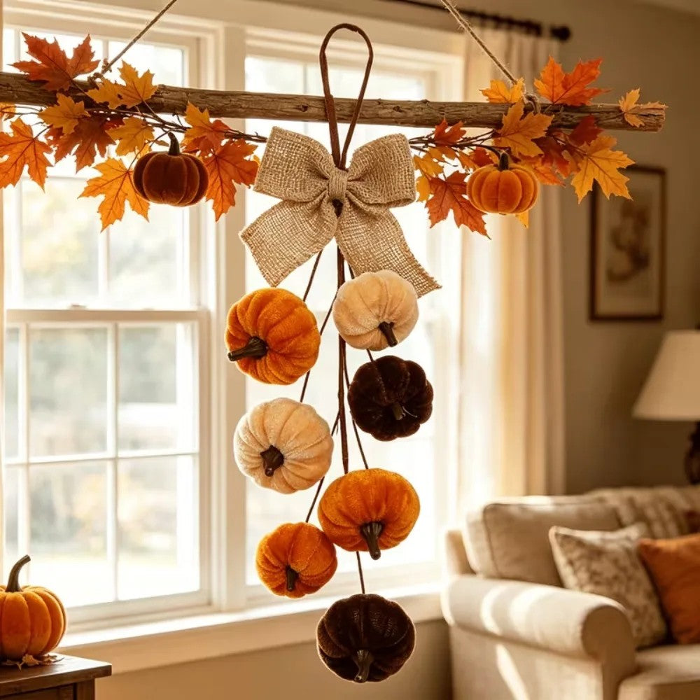 Velvet Pumpkin Door Hanger with Burlap Bow